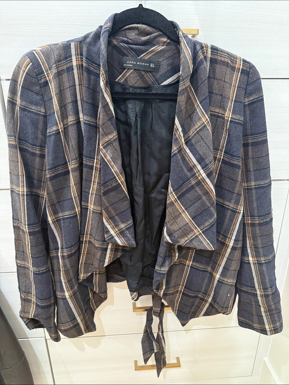 Zara Plaid Draped Open Front Blazer Jacket with Tie Belt - Size Small
